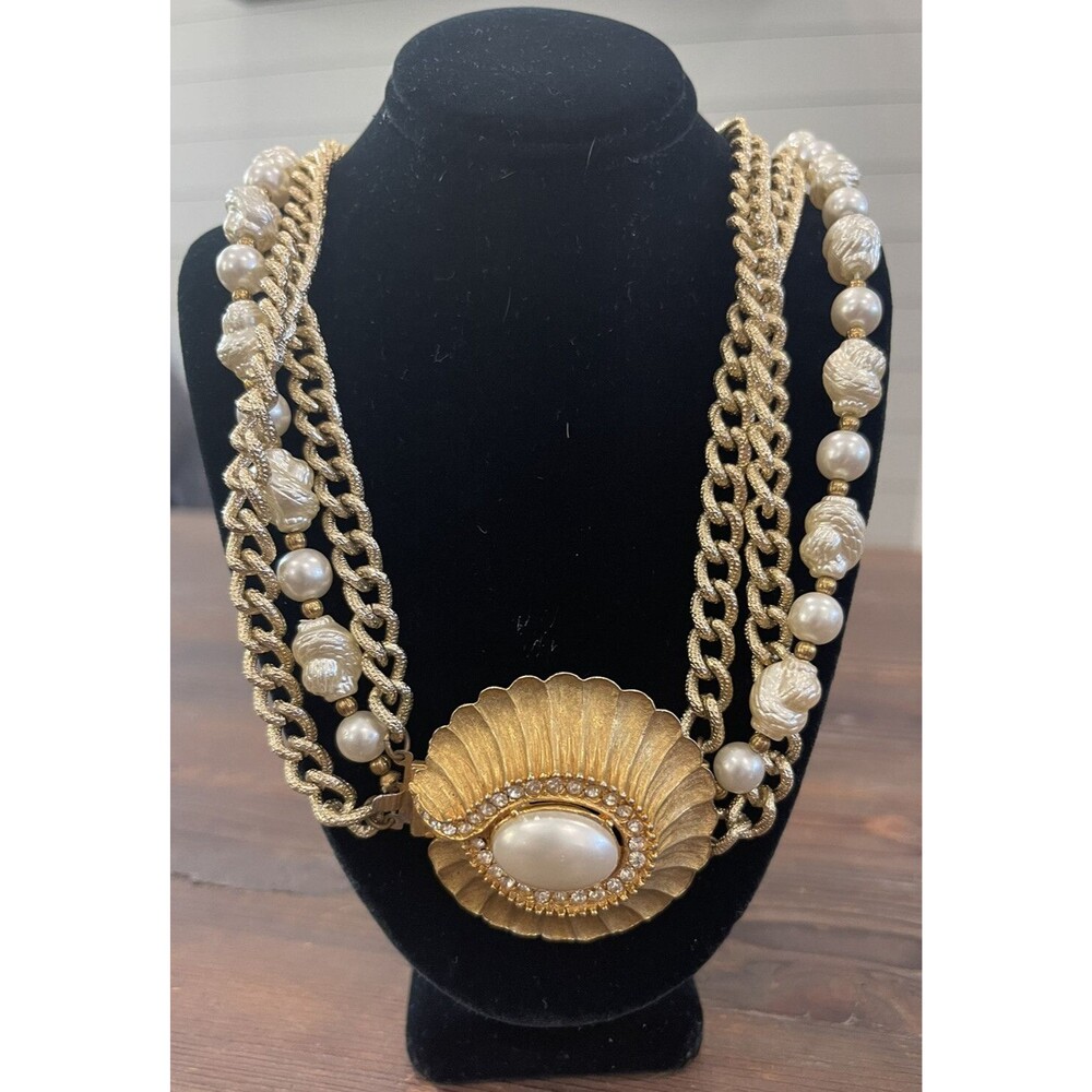 Vintage Gold Chain Pearl Collar Statement Necklace Earrings Set